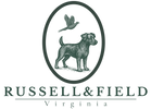 A dark green logo on a white background featuring a dog and bird illustration inside an oval, with the text 'RUSSELL&FIELD' and 'Virginia' below.