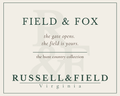 Field and Fox candle label for Russell & Field Virginia, featuring the text 'FIELD & FOX' and the line 'the gate is open. the field is yours."