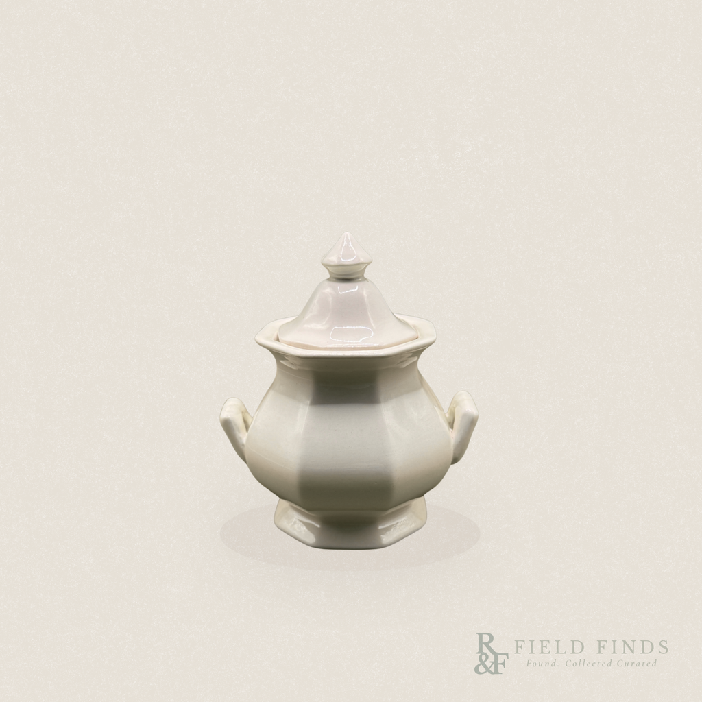 English Ironstone Teapot & Sugar Bowl — W.T. Adams & Sons. A white ironstone lidded sugar bowl or tureen with side handles, centered on a warm off-white background. A faint 'R & F FIELD FINDS' watermark appears in the bottom right corner.