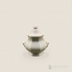 English Ironstone Teapot & Sugar Bowl — W.T. Adams & Sons. A white ironstone lidded sugar bowl or tureen with side handles, centered on a warm off-white background. A faint 'R & F FIELD FINDS' watermark appears in the bottom right corner.