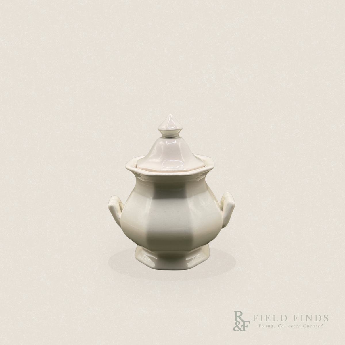 English Ironstone Teapot & Sugar Bowl — W.T. Adams & Sons. A white ironstone lidded sugar bowl or tureen with side handles, centered on a warm off-white background. A faint 'R & F FIELD FINDS' watermark appears in the bottom right corner.