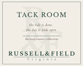 Tack Room candle label for Russell & Field Virginia, featuring the text 'TACK ROOM' and the line 'the ride is done. the day is wide open".