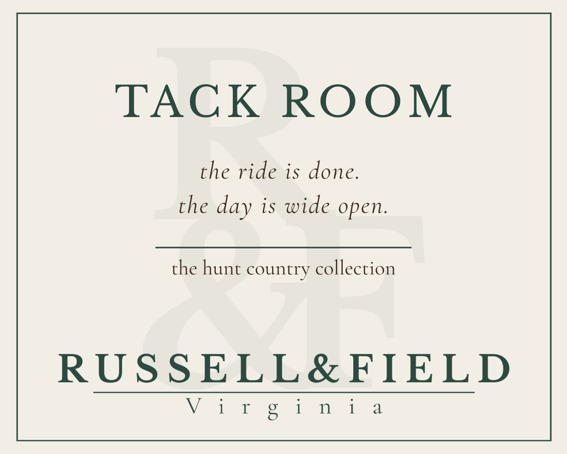 Tack Room candle label for Russell & Field Virginia, featuring the text 'TACK ROOM' and the line 'the ride is done. the day is wide open".