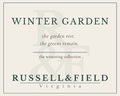 Winter Garden candle label for Russell & Field Virginia, featuring the text 'WINTER GARDEN' and the line 'the green rest. the greens remain."